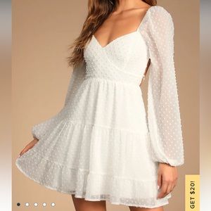 Lulus White Swiss Dot Puff Long Sleeve Mini Dress
